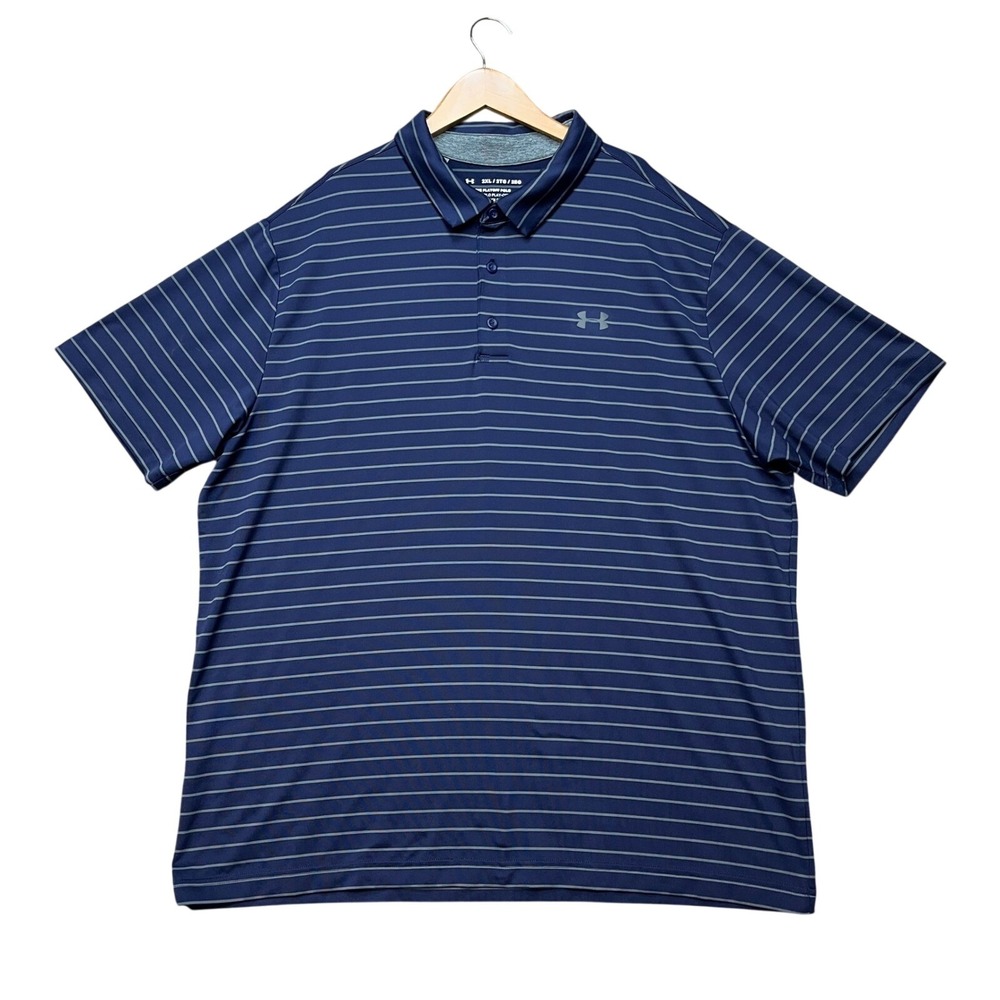 Under Armour Polo Shirt Mens 2XL Navy Blue Striped Short Sleeve 3 Button Playoff